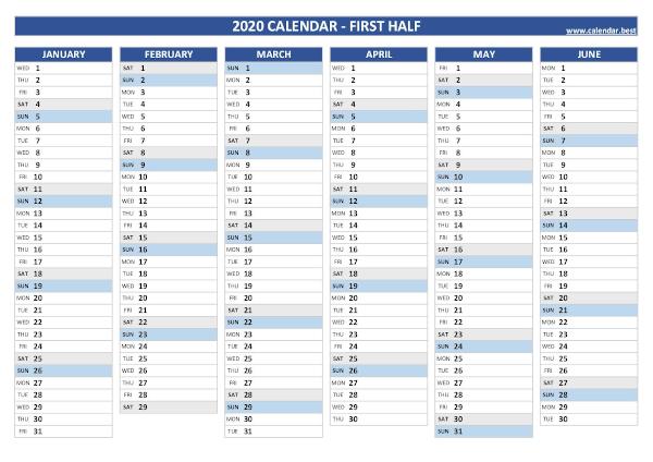 Blank calendar for first half 2020