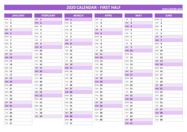 Blank calendar for first half 2020