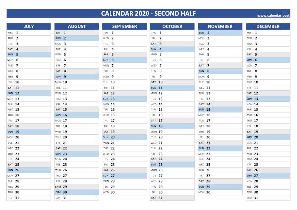 Blank calendar for second half 2020