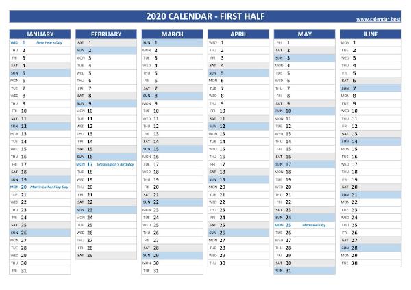 First half year calendar 2020 with holidays