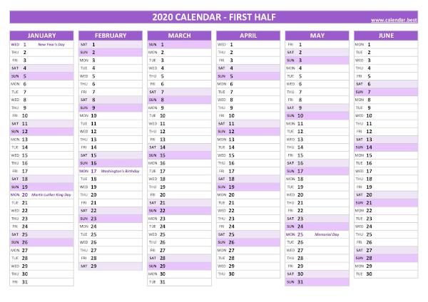 First half year calendar 2020 with holidays