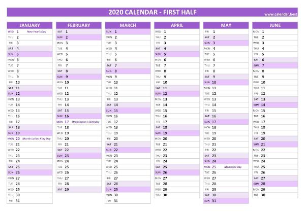 First half year calendar 2020 with holidays