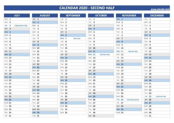 Second half year calendar 2020 with holidays