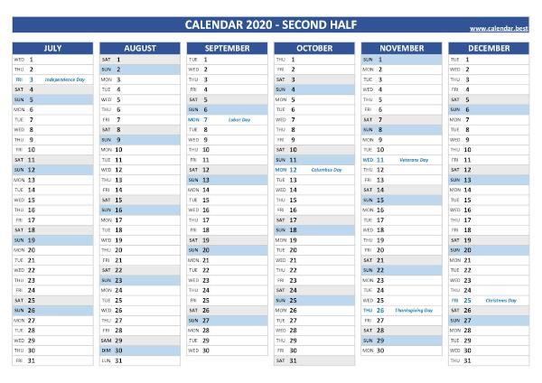 Second half year calendar 2020 with holidays