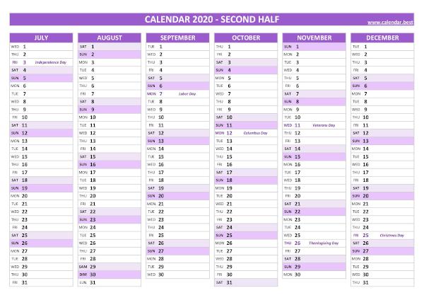 Second half year calendar 2020 with holidays