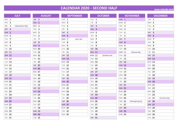 Second half year calendar 2020 with holidays