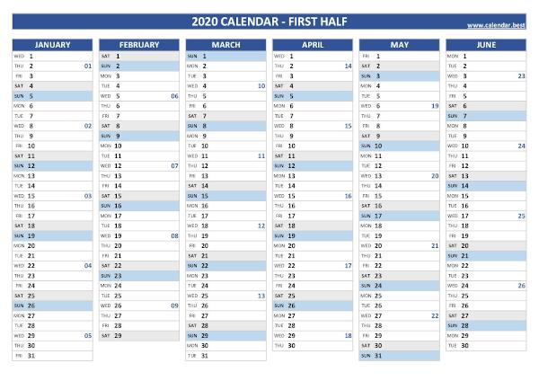 2020 half year calendar with week numbers