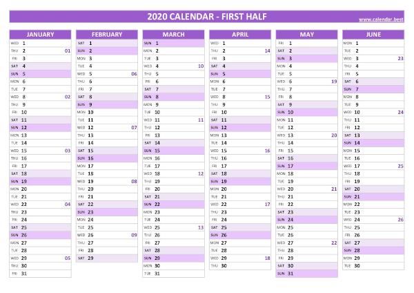 First half year calendar 2020 with week numbers