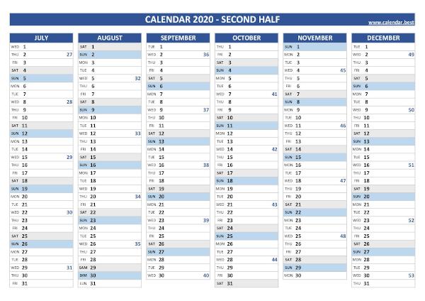 Second half year calendar 2020 with week numbers