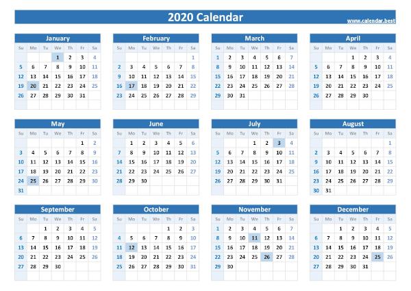 2020 calendar with holidays