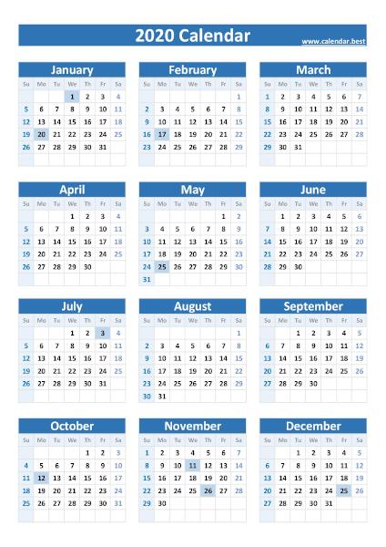 Calendar 2020 with holidays