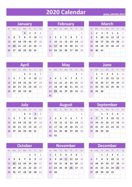 2020 calendar with holidays, purple template