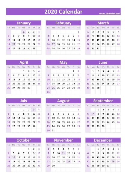 2020 calendar with holidays, purple template