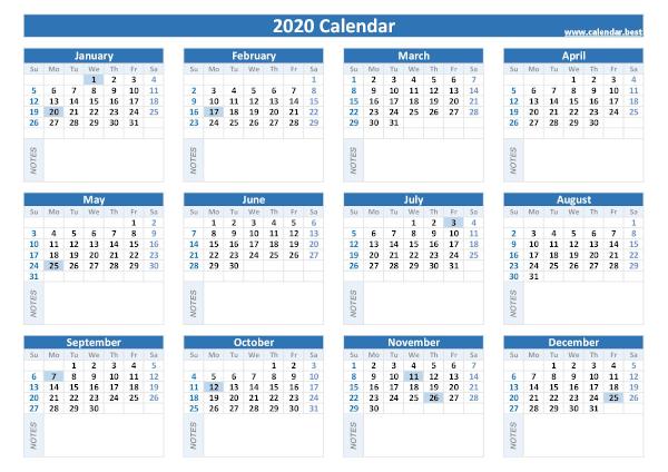 Calendar 2020 with holidays