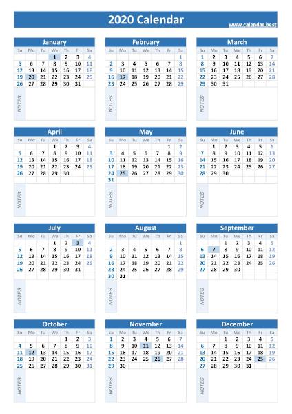 Calendar with holidays