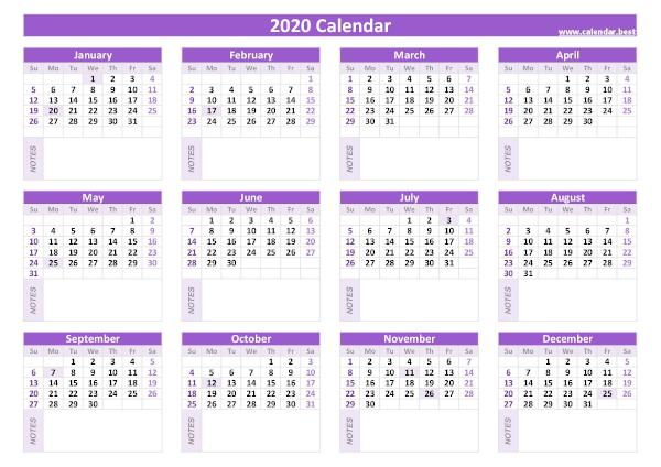 Calendar 2020 with holidays