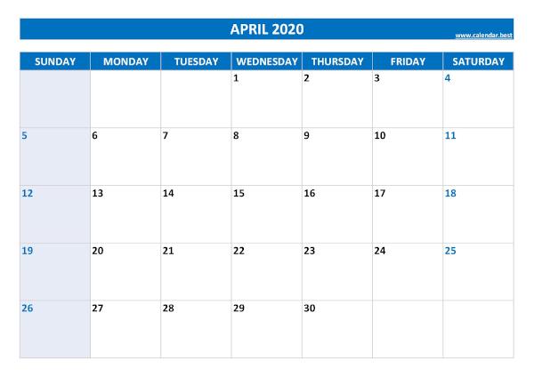 April calendar 2020 with holidays