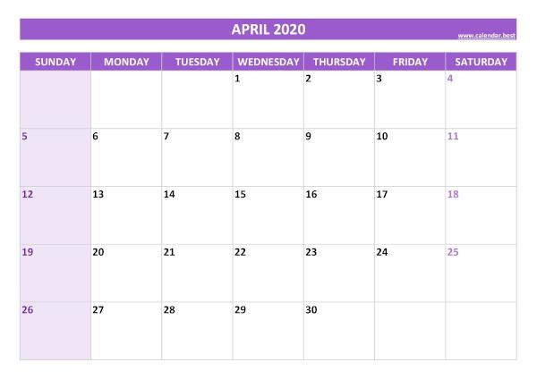 April calendar 2020 with holidays