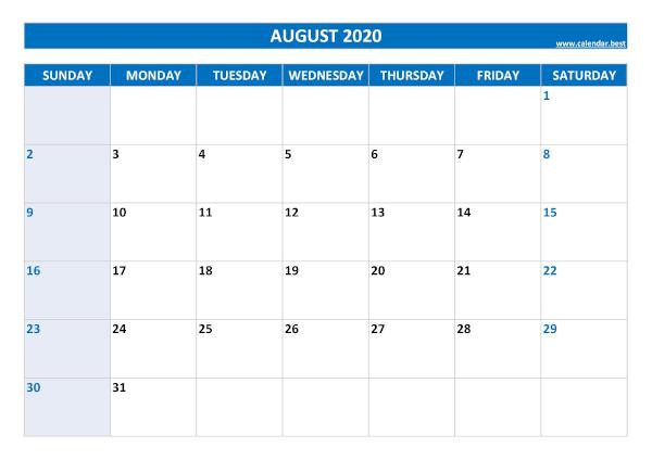 Monthly calendar with week : August 2020