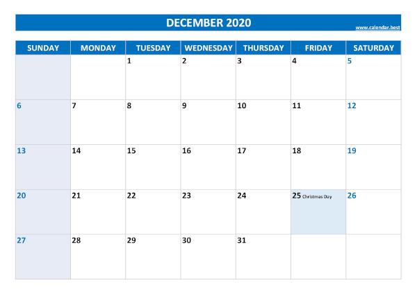 December calendar 2020 with holidays