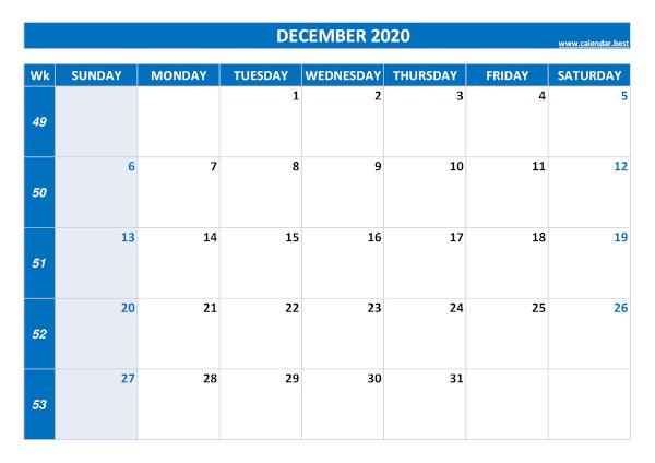 December calendar 2020 with week numbers