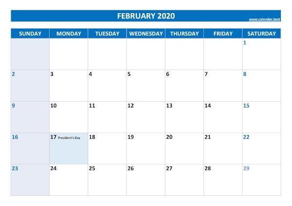 February calendar 2020 with holidays