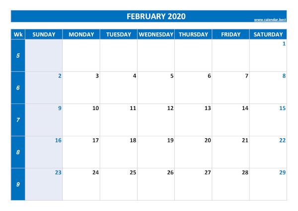 February calendar 2020 with week numbers