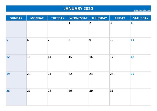 Blank monthly calendar : January 2020