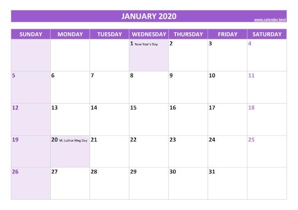 January calendar 2020 with holidays