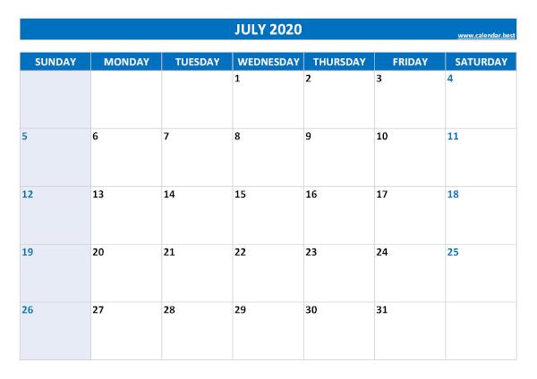 July calendar 2020