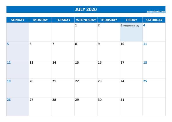 July calendar 2020 with holidays