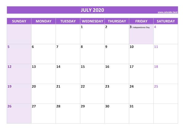 July 2020 calendar with holidays