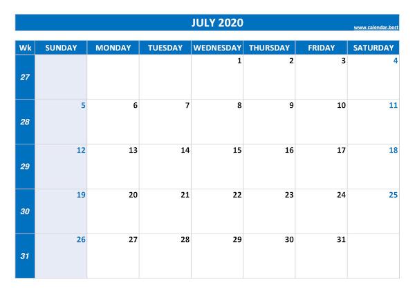 July calendar 2020 with week numbers