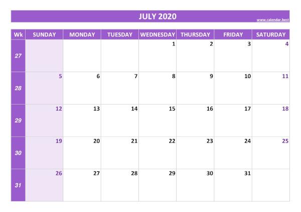 July calendar 2020 with week numbers