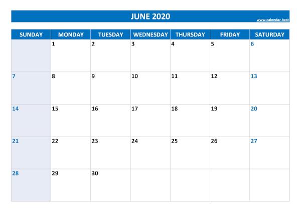 June calendar 2020