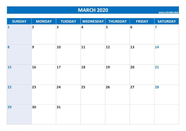 March calendar 2020