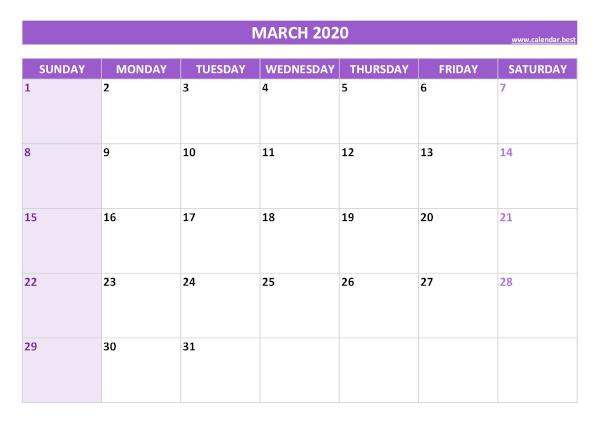 March calendar 2020 with holidays