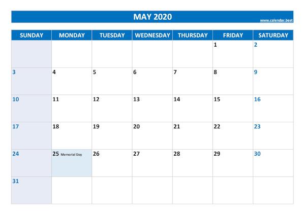 May 2020 calendar with holidays