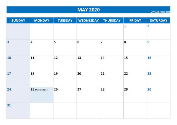 May calendar 2020 with holidays