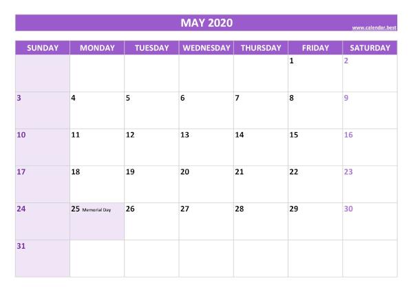 May calendar 2020 with holidays