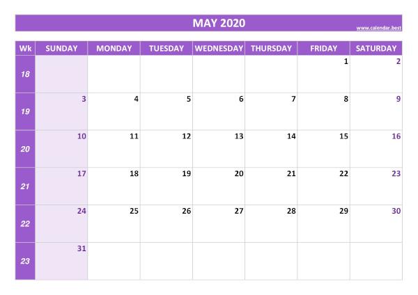 May calendar 2020 with week numbers