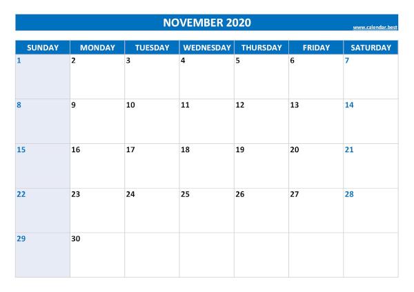November calendar 2020