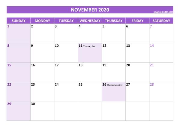 November calendar 2020 with holidays