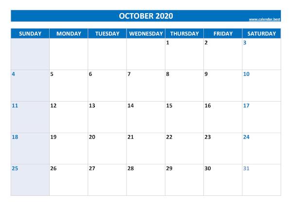 October calendar 2020