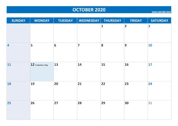 October calendar 2020 with holidays