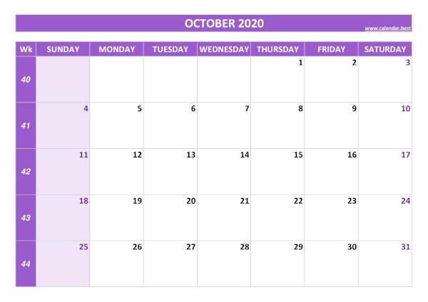 October calendar 2020 with week numbers