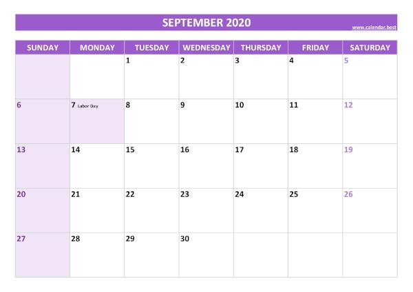 September calendar 2020 with holidays