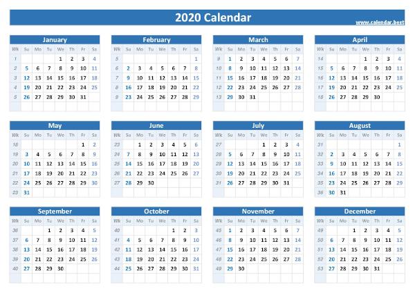 2020 yearly calendar with week number.