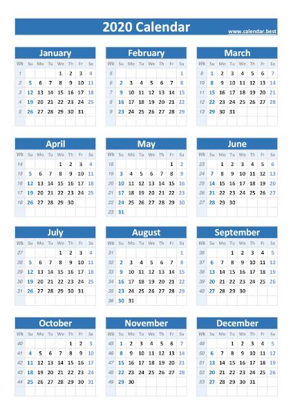 2020 calendar with weeks, blue template