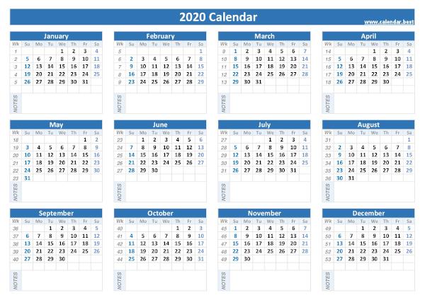 Calendar 2020 with week numbers